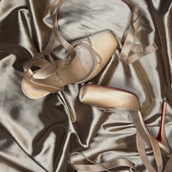 Christian Louboutin Satin Ankle-Tie Ballet Flats in Champagne - Picture 2 of 6